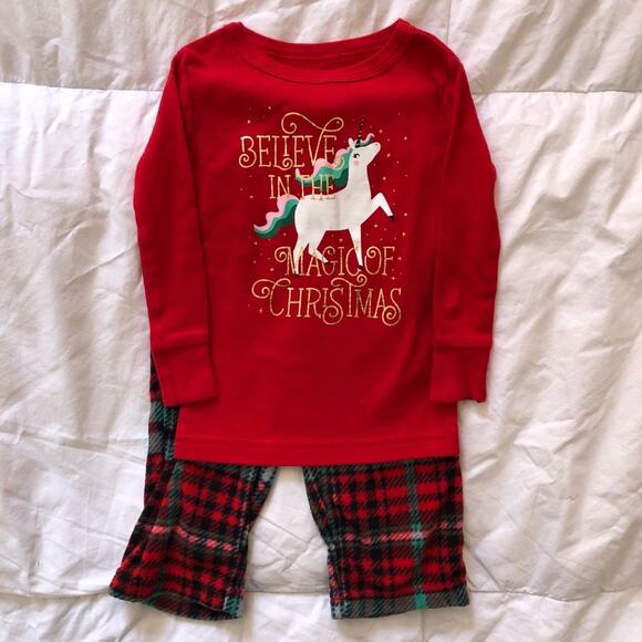Cat and Jack Baby Christmas Pajamas Set Unicorn Red Size 12 Months - Picture 1 of 5